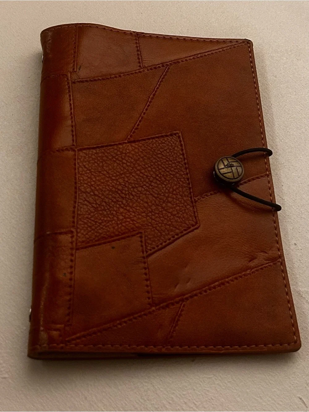 Men's Brown Patchwork Leather Passport Wallet with Button Closure